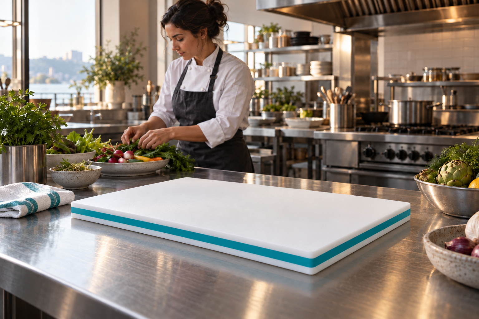 LoopBoard concept with white cutting surfaces and an exposed teal core on a stainless steel kitchen counter.