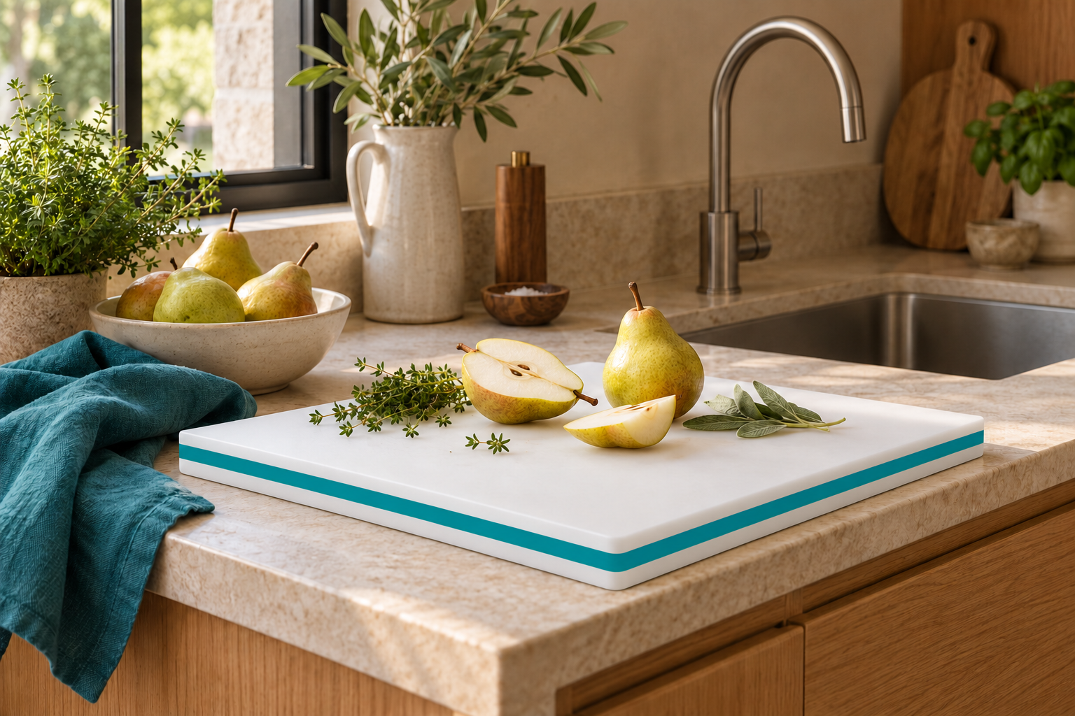 LoopBoard concept with white cutting surfaces and an exposed teal core beside a sink in a home kitchen.